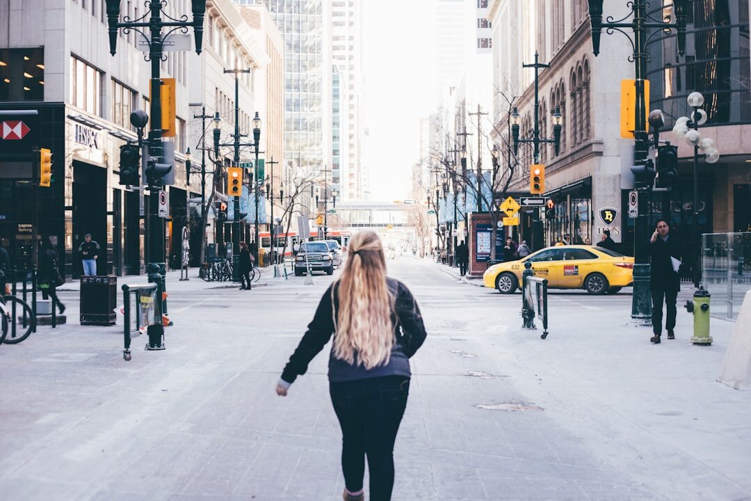 model walking in city